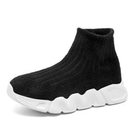 Spring and autumn new children's thick soled knitted vamp flying woven high top socks shoes breathable comfortable light outdoor leisure sports s (Color: Black, size: 26)