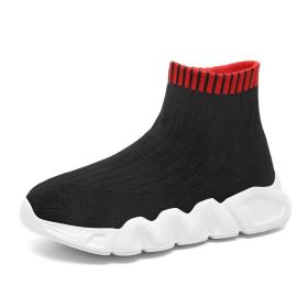 Spring and autumn new children's thick soled knitted vamp flying woven high top socks shoes breathable comfortable light outdoor leisure sports s (Color: Black  red, size: 27)