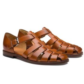 Men's Sport Sandals Closed Toe Outdoor Handmade Leather Sandal (Color: Brown, size: 46)