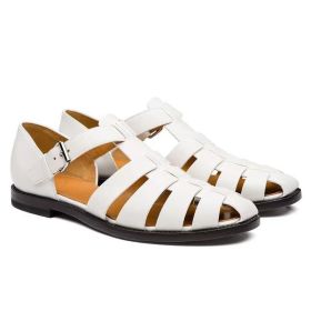 Men's Sport Sandals Closed Toe Outdoor Handmade Leather Sandal (Color: White, size: 46)