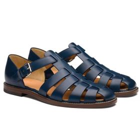 Men's Sport Sandals Closed Toe Outdoor Handmade Leather Sandal (Color: Blue, size: 41)