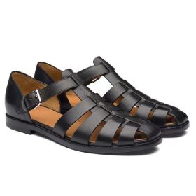 Men's Sport Sandals Closed Toe Outdoor Handmade Leather Sandal (Color: Black, size: 43)