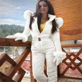 Women Winter Warm Snowsuit Outdoor Sports Pants Ski Suit Waterproof Jumpsuit (Color: White, size: 2XL)