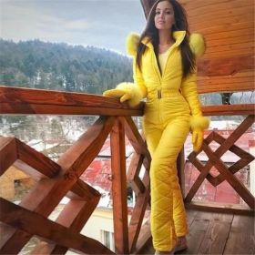 Women Winter Warm Snowsuit Outdoor Sports Pants Ski Suit Waterproof Jumpsuit (Color: Yellow, size: XL)